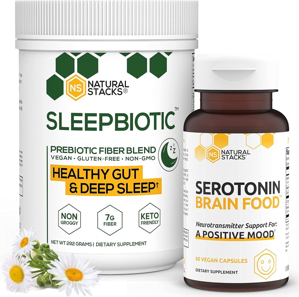 天然のスタックは、バンドルを補います - SleepBiotic Prebiotic Fiber(292g) + Serotoninサプリメント(60caps) - 気分とエネルギーブースト、メンタルヘルス、ガット健康とより良い睡眠のために