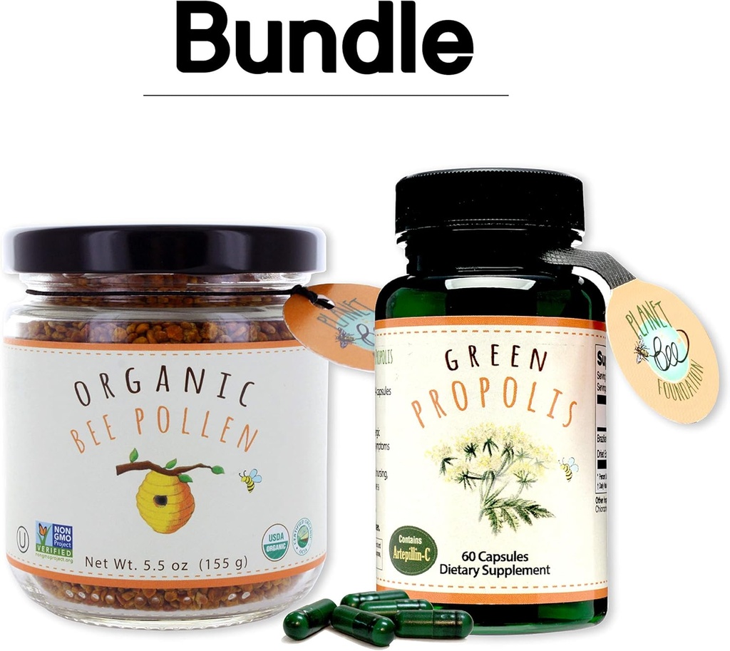 Greenbow Organic Bee Pollen - 100% USDA認定オーガニック、ピュア、ナチュラルビーポーレン - タンパク質、ビタミン、ミネラルを詰めたスーパーフード - 155gグリーンプロポリス60キャップ