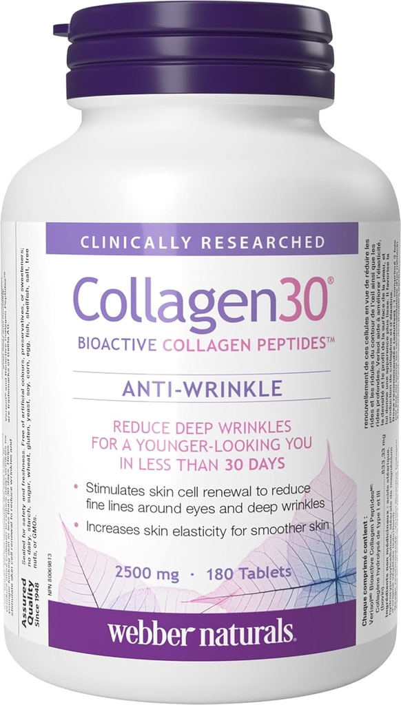 Webber Naturals Collagen30 Anti-Wrinkle、サービングあたりBioactive Collagen Peptidesの2,500mg、180錠、助けは深いしわ、良いラインを減らします及び皮細胞、非GMO、酪農場及びグルテンフリーを刺激します