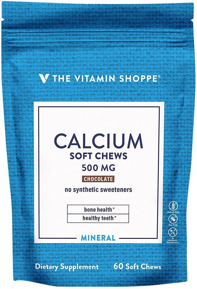 Calcium Chews 1,000mg、チョコレート風味の咀嚼 - 健康な骨と歯のためのミネラルエッセンシャル、人工甘味料なし - ビタミンK1&D3(60咀嚼) ビタミンShoppe