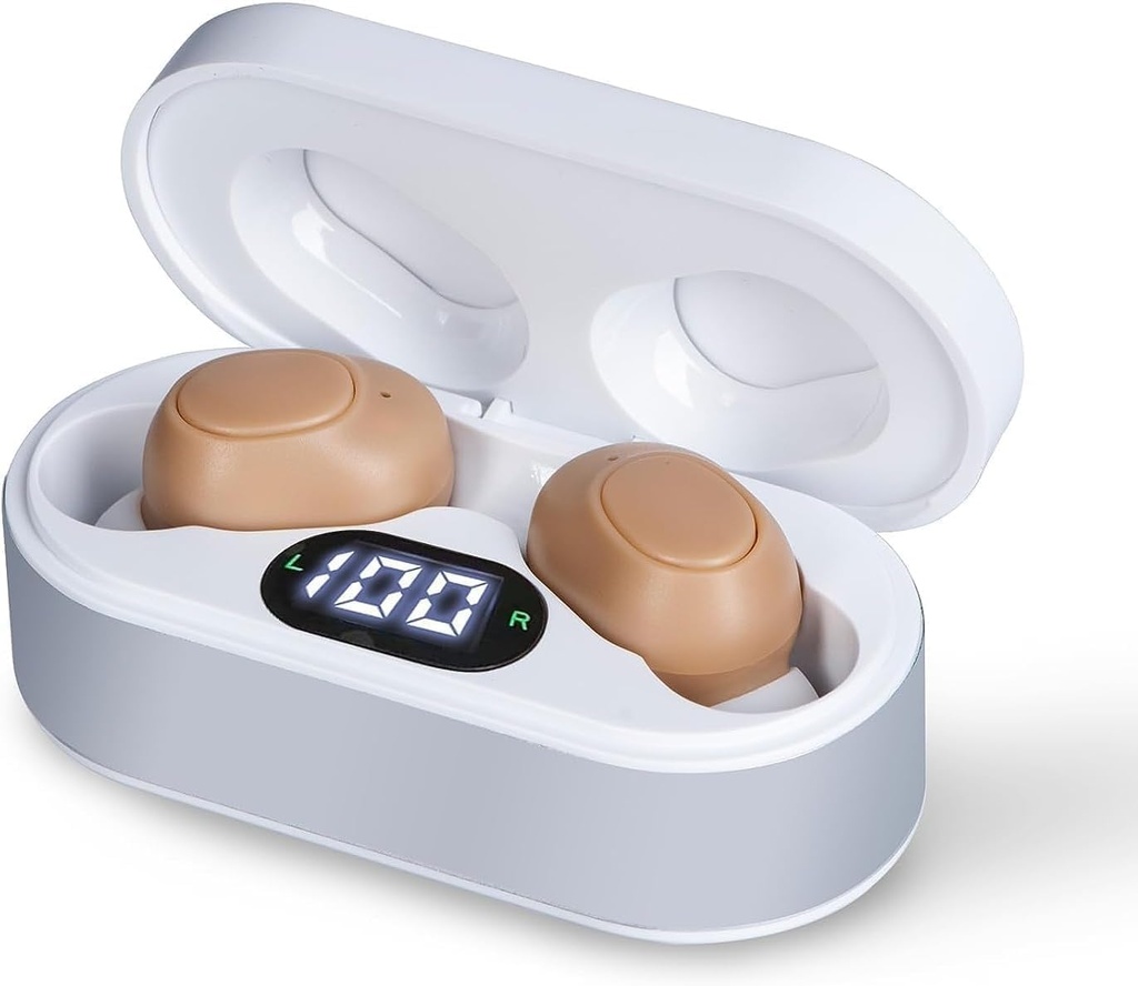 高齢者のための補聴器, ノイズキャンセリング付き充電式補聴器, クリスタルクリアサウンド, 見えないOTC補聴器は、大人のためのケースを充電