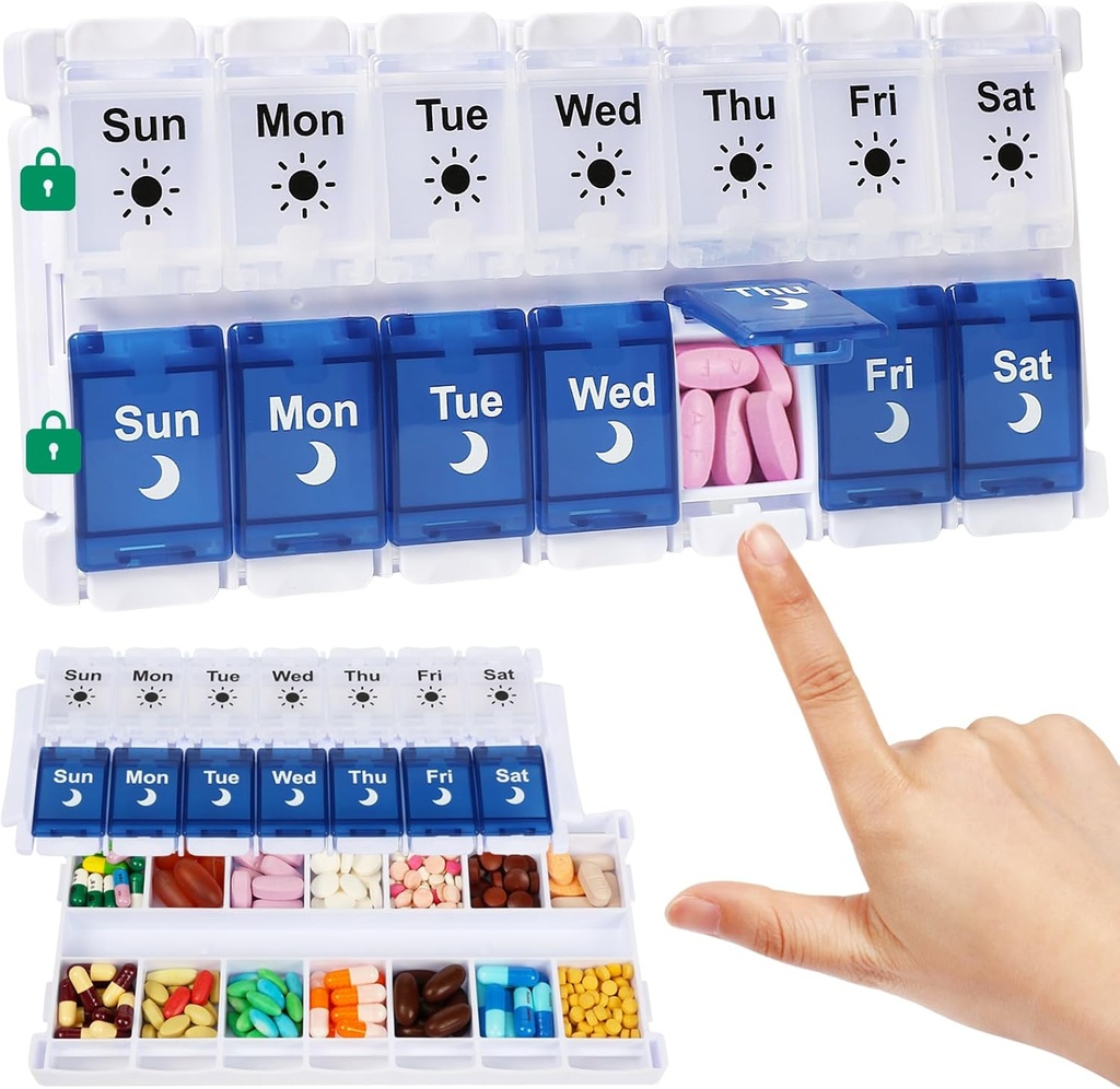 Shintop Weekly Pill Organizer 2 Times a Day, Easy Fill Am Pm Pill Box 7 Day Push Button Medicine Holder Daily for Vitamins Supplements(Blue & White)
