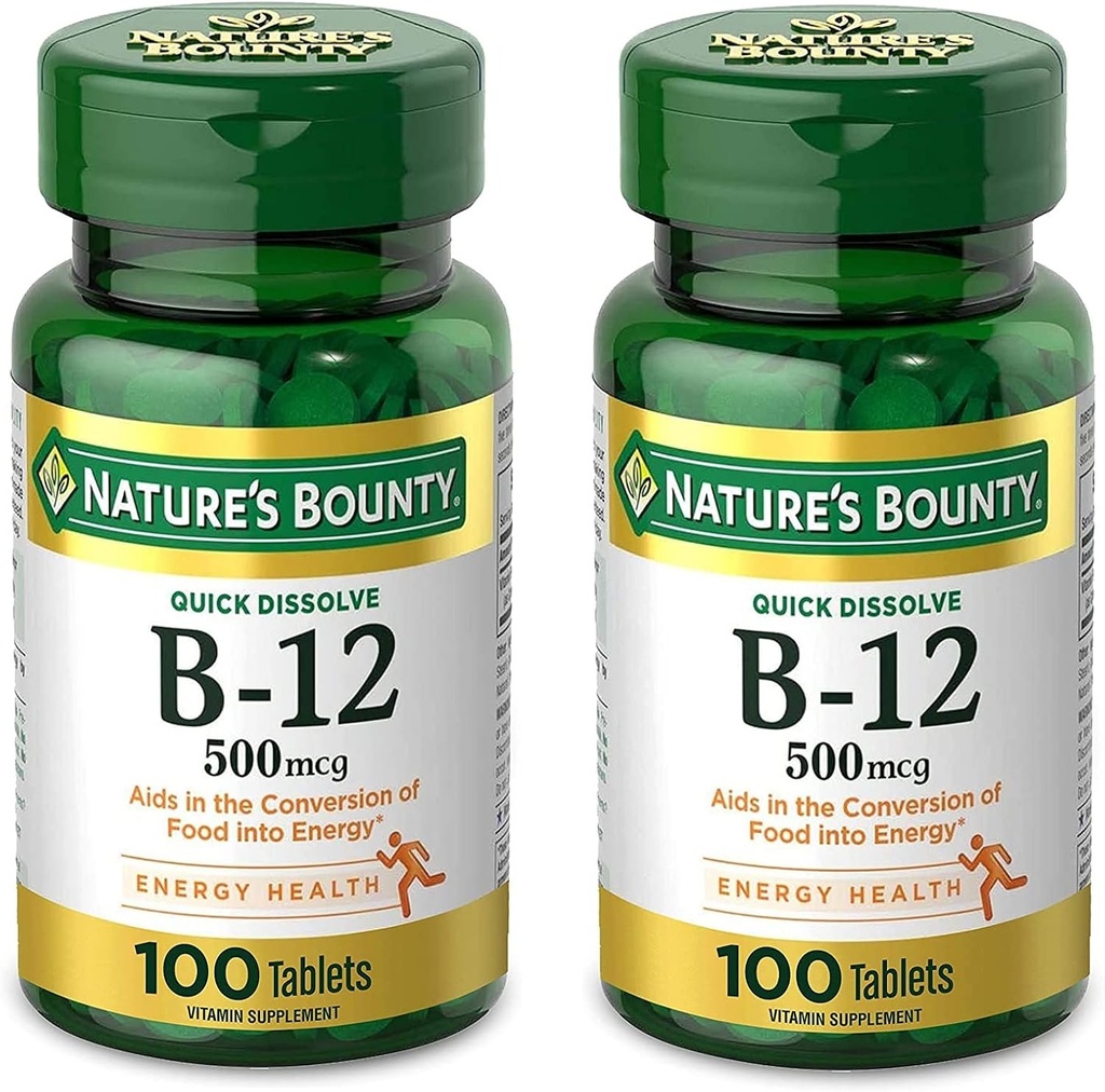 Nature's Bounty Vitamin B12、エネルギー代謝と神経系の健康、500mcg、タブレット、100 Ct(パッケージ2)