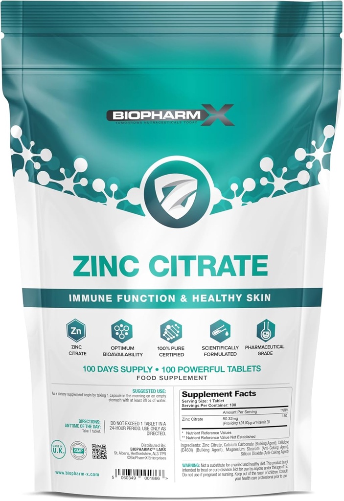 Zinc Citrate (100% Pure Certified/Maximum Strength 50mg Tablets x 100 (1 Per Day)