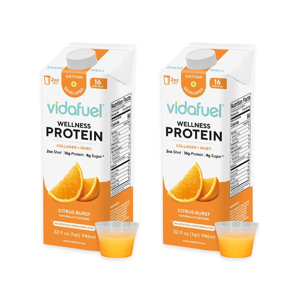 Vidafuelの蛋白質の飲み物、2oz打撃ごとの16g蛋白質、32のflのozのカートン、2のパック、Citrus、CollaagenおよびWheyの飲み物、人工的な甘味料無し