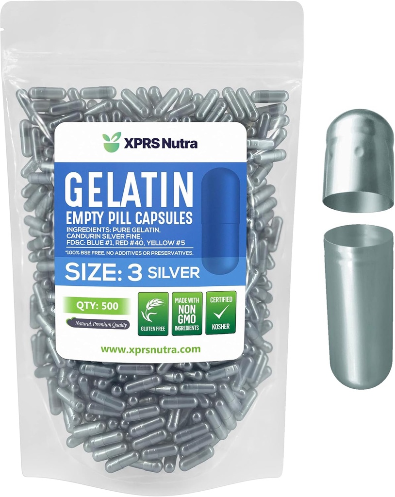 XPRSのNutraのサイズ3の空のカプセル- 500の計算の空のゼラチンのカプセル-Pills DIYのカプセルの詰物- Do-It-Yourselfのビタミンおよび補足(銀)のために満たされる純粋な牛ゲルの帽子