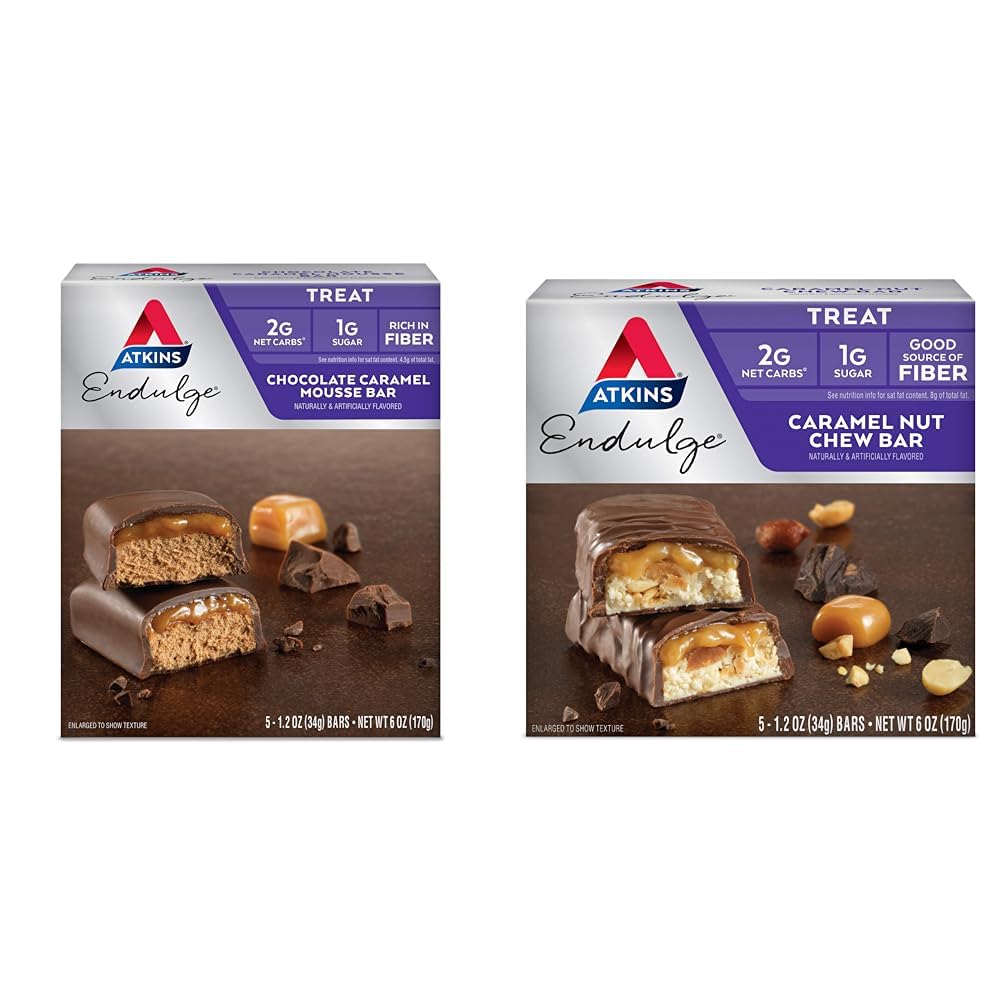Atkins Endulgeチョコレートキャラメルムースバー5カウントとキャラメルナッツチューバー5カウントバンドル