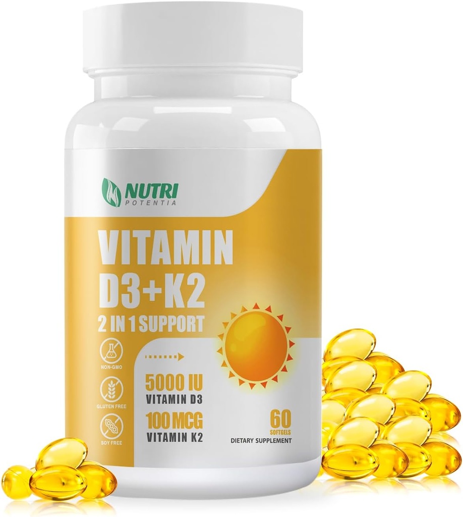 Vitamin D3 K2 with MCT Oil, Vitamin D3 5000 IU and K2 100mcg, Formula 2 in 1 for Bone and Heart Health, Gluten Free - 60 Count Softgels