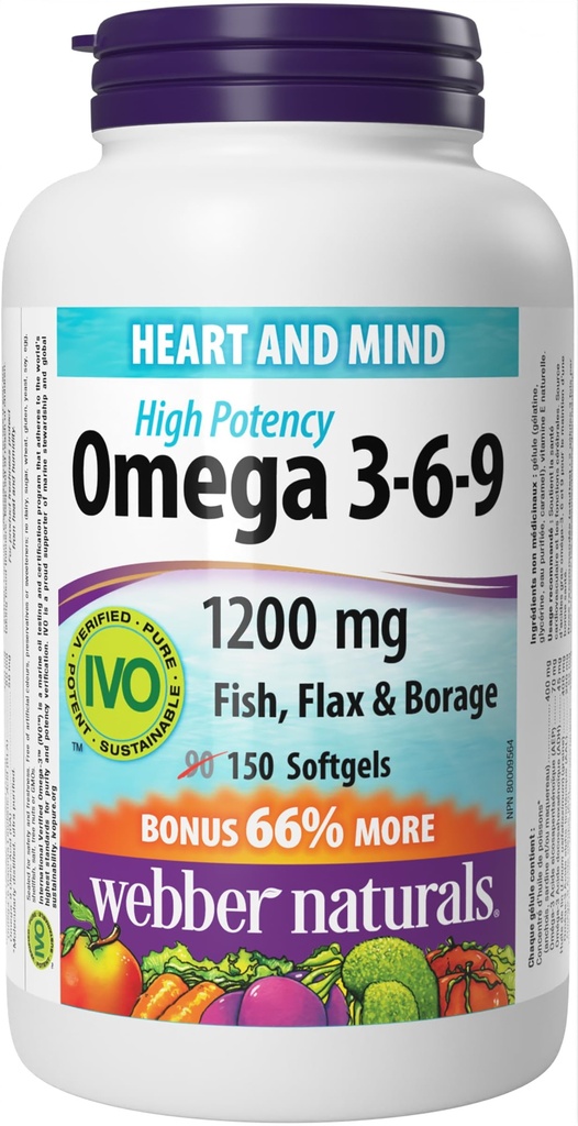 Webberナチュラルオメガ3-6-9亜麻仁、魚&ボレーオイル1200mg、150ソフトジェル
