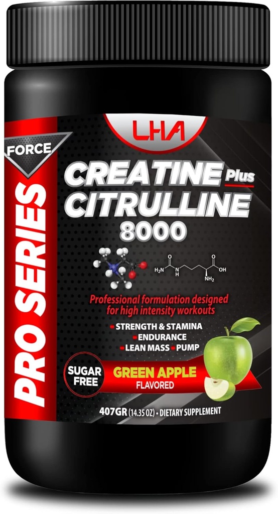 Pro Series Force Creatine + Citruline 8000. Strenght & Stamina, Endurance, Lean Mass, Pump. Apple Flavor 400g