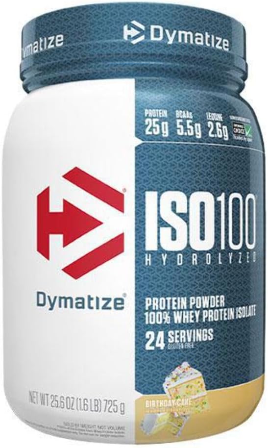 Dymatize ISO 100 Whey Protein Powder with 25g of Hydrolyzed 100% Whey Isolate, Gluten Free, Fast Digesting, Birthday Cake, 1.6 Pound