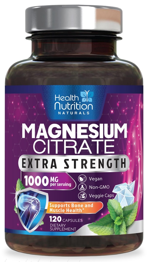 マグネシウムのクエン酸塩のカプセル1000mg -筋肉、Nerve、骨および中心の健康サポート、高吸収のクエン酸塩のコンプレックス、グルテンフリー、非GMO - 120のカプセルのための最高の吸収のマグネシウムの粉