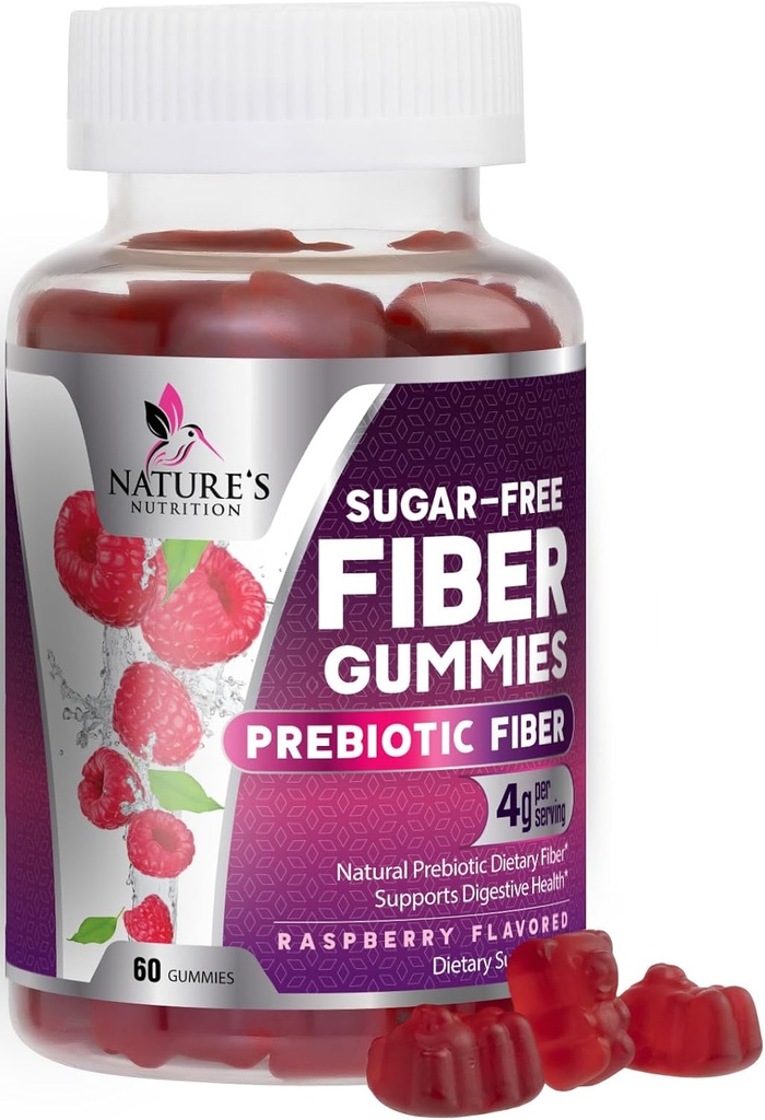Prebiotic Fiber Gummies 4g - Sugar Free Gummy Fiber Supplement for Adult's Digestive Health & Regularity Support - Natural Raspberry Flavor, Plant Based Blend, Non-GMO & Gluten Free - 60 Gummies