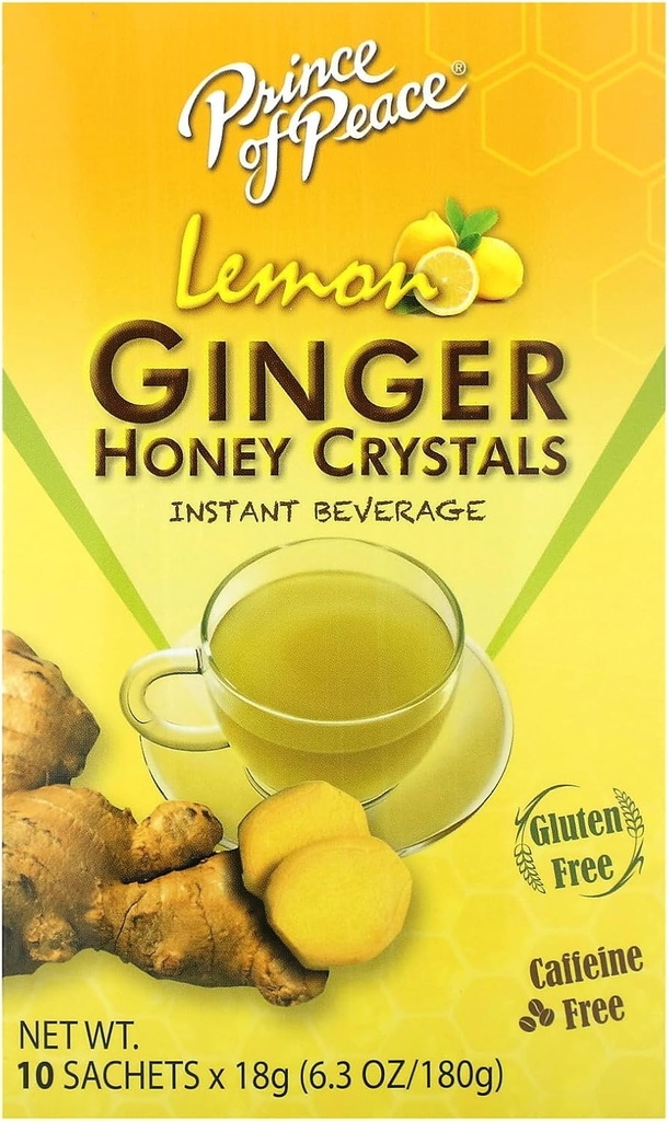 Prince of Peace Instant Natural Lemon Ginger Honey Crystals, 10 Sachets – Instant Hot or Cold Beverage for Nausea Relief and Soothes Throat – Easy to Brew Ginger and Honey Crystals