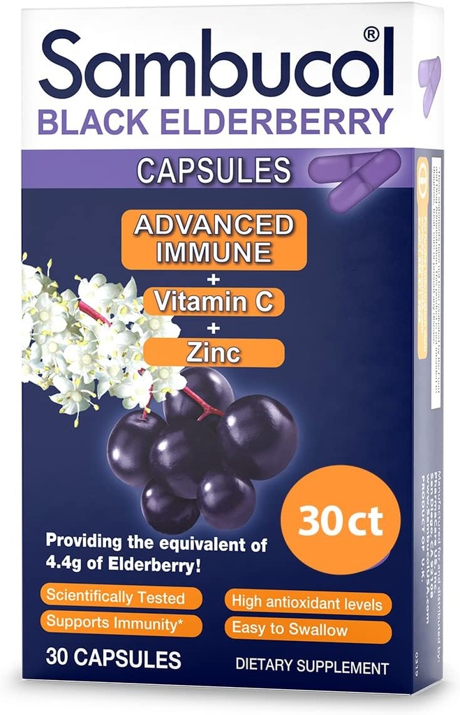 Sambucol Black Elderberry Capsules - Advanced Immune, Vitamin C and Zinc, Elderberry Capsules, Immune Support Supplement, Black Elderberry Supplements, Gluten Free, Easy to Swallow Capsules - 30 Count