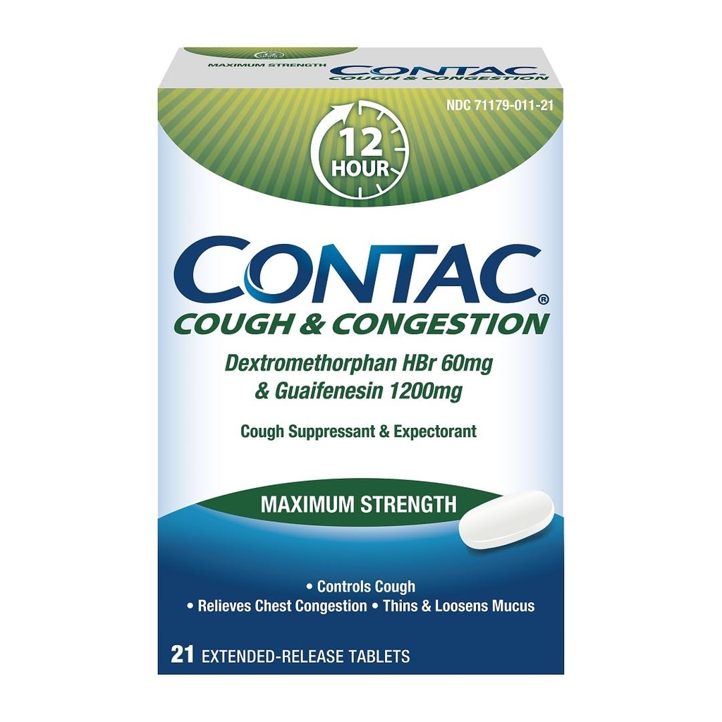 Contac の咳及び輻輳の最高の強さは咳、薄く、および Loosens Mucus、Guaifenesin 及び Dextromethorphan HBr、延長解放のタブレット、21 の計算を制御します