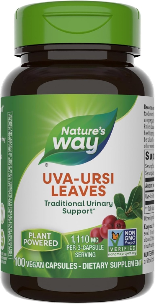 Nature's Way Uva Ursi Leaves, 伝統的な尿サポート*, 1,110 mg / 3-カプセルのサービング, 非GMOプロジェクト検証, ハーブの栄養補助食品, グルテンフリー, 100 ビーガンカプセル (パッケージ 5 月 Vary)