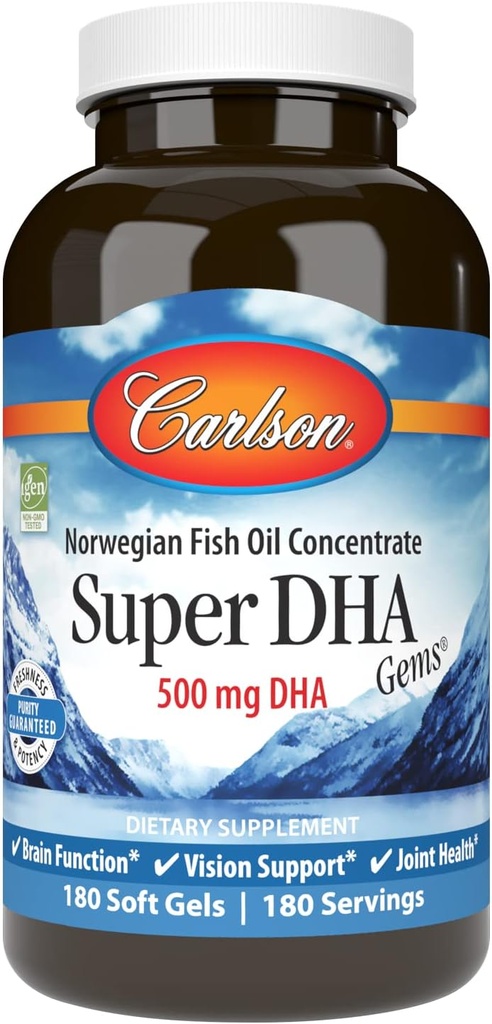 カールソン - スーパー DHA 宝石, 500 mg DHA サプリメント, 640 mg 脂肪酸, ワイルド キャッチ ノルウェーのアークティック Omega 3 魚油のサプリメント, 持続的に供給魚油カプセル, 180 ソフトゲル