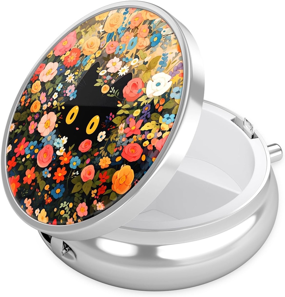 Nipichshaの丸薬箱、財布のための小さい丸薬箱及びポケット、かわいい旅行薬のオルガナイザー、ビタミン、薬、魚油及び補足、花猫を握る携帯用薬の容器のホールダー