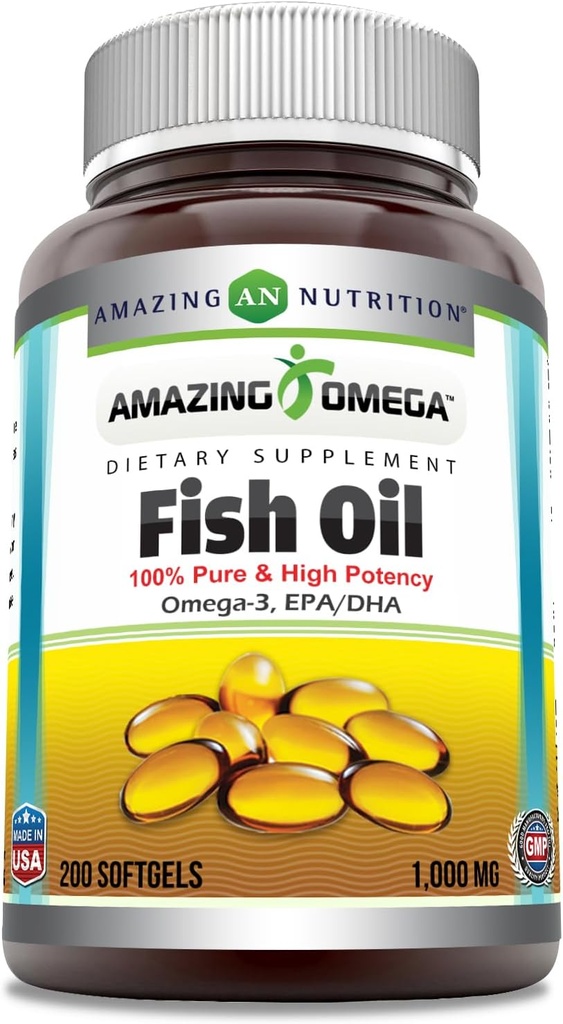 アメイジングオメガフィッシュオイル1000mgソフトゲルサプリメント | オメガ-3, 180mg EPA. 120mg DHA | 高効力(200カウント)