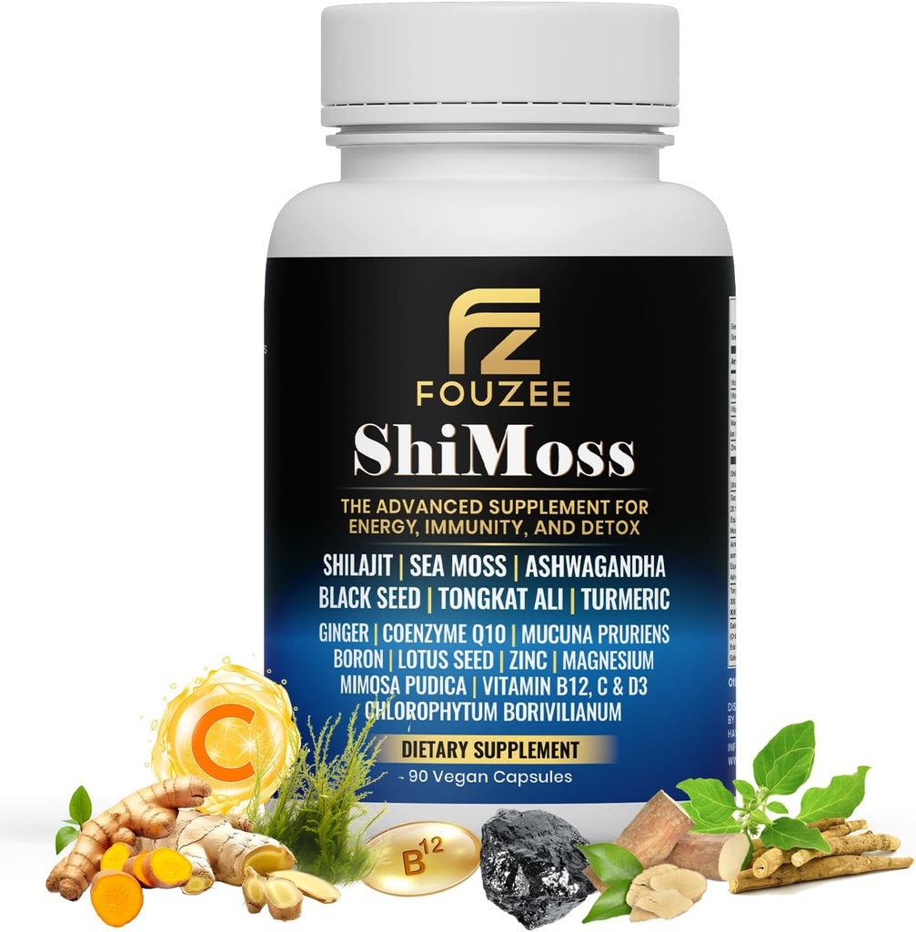 ShiMoss Supplement w/Shilajit 1000mg, Sea Moss 7000mg, Ashwagandha 9000mg, Tongkat Ali 90000 mg, Vitamin C, B12, Boron, Turmeric, Ginger - Immunity Dietary Capsule for Men & Women - 90 Count