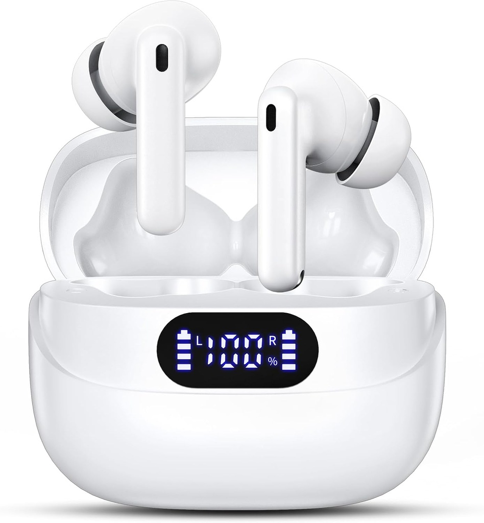 ワイヤレスイヤホン、42H 再生時間 Bluetooth 5.3 ヘッドフォン、HiFiステレオコールノイズキャンセリングイヤホン、IPX7は、iOS Android(White)用のLEDディスプレイ付きステレオイヤーホンを防水します