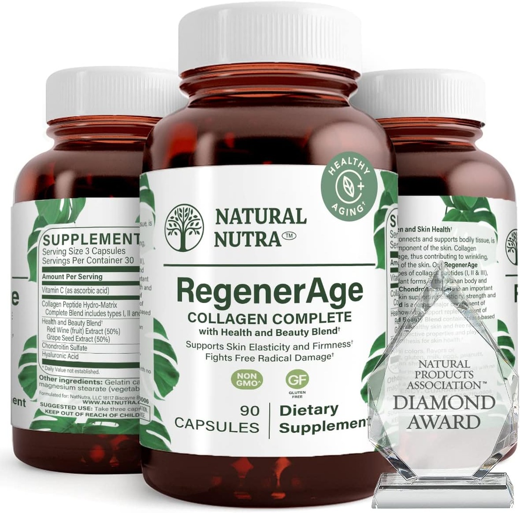 天然のNutra RegenerAge蛋白質のペプチッドが付いている皮の健康のための完全な補足、伸張の印を減らして下さい、全面的な健康、ビタミンC、ブドウの種の赤いワインのエキス、グルテンフリー、90のカプセルに貢献します。