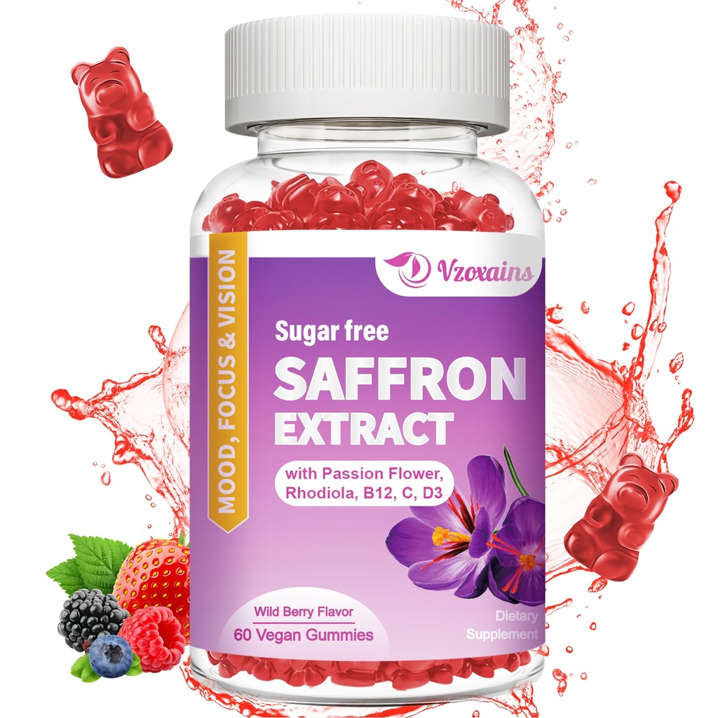 Saffron Gummies、10 in 1 Saffronはマグネシウム、Ashwagandha&Rhodiola Rosea、砂糖無料ビーガン混合ベリー味 - 60Ctsとグミを補います