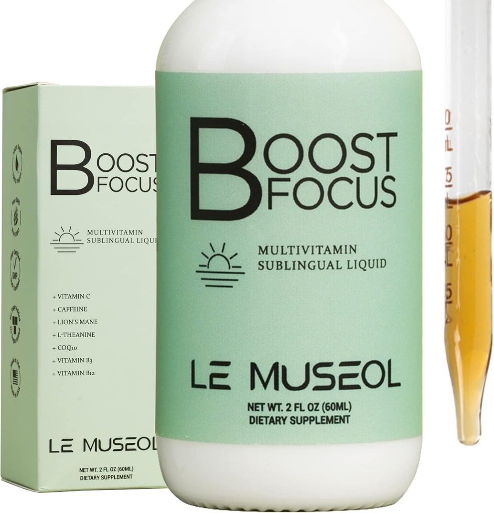 USA-Made Lions Mane Boost Focus Multivitamin Sublingual Liquid: ビタミンB3、B12、CoQ10、Lのテアニンおよびカフェインによる最大の焦点のためのエッセンシャルエネルギーサプリメント