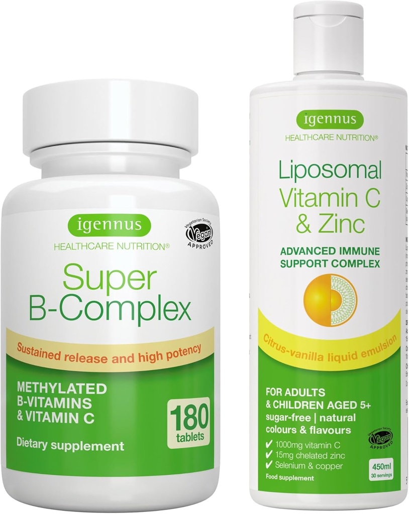 スーパーBコンプレックス+リポソームビタミンC 1000mg&亜鉛ビーガンバンドル、メチル化された持続的なリリースBコンプレックス&高吸収液免疫サポートコンプレックス、Igennusによる