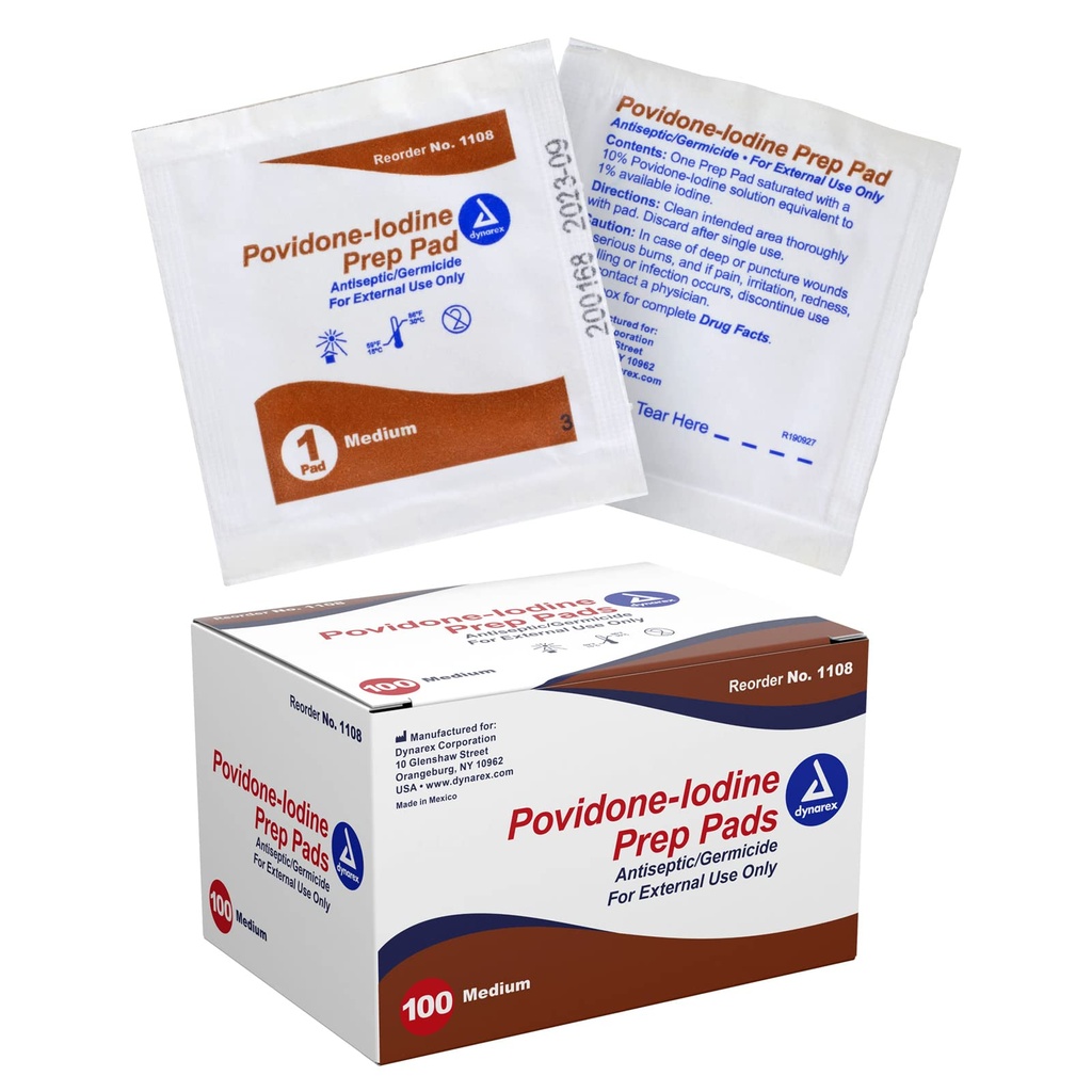 Dynarex Povidone-Iodine Prep Pads、Povidone Iodine 10%、Prepping Prior Minorのプロシージャ、媒体、100のプレップ パッドの1つの場合に使用する医学等級の防腐ワイプと飽和しました