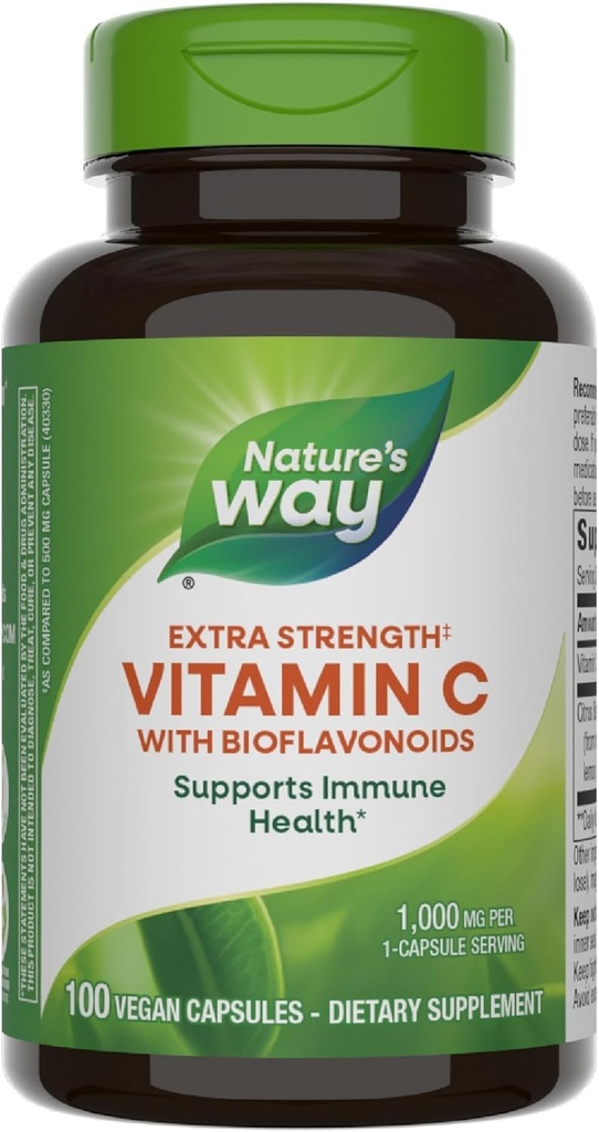 Nature's Way Extra Strength(1)ビタミンC(Bioflavonoids)、免疫健康をサポート*、健康な肌のためのコラーゲン生産を促進*、カプセルあたり1,000mg、100ビーガンカプセル(5月Vary包装)
