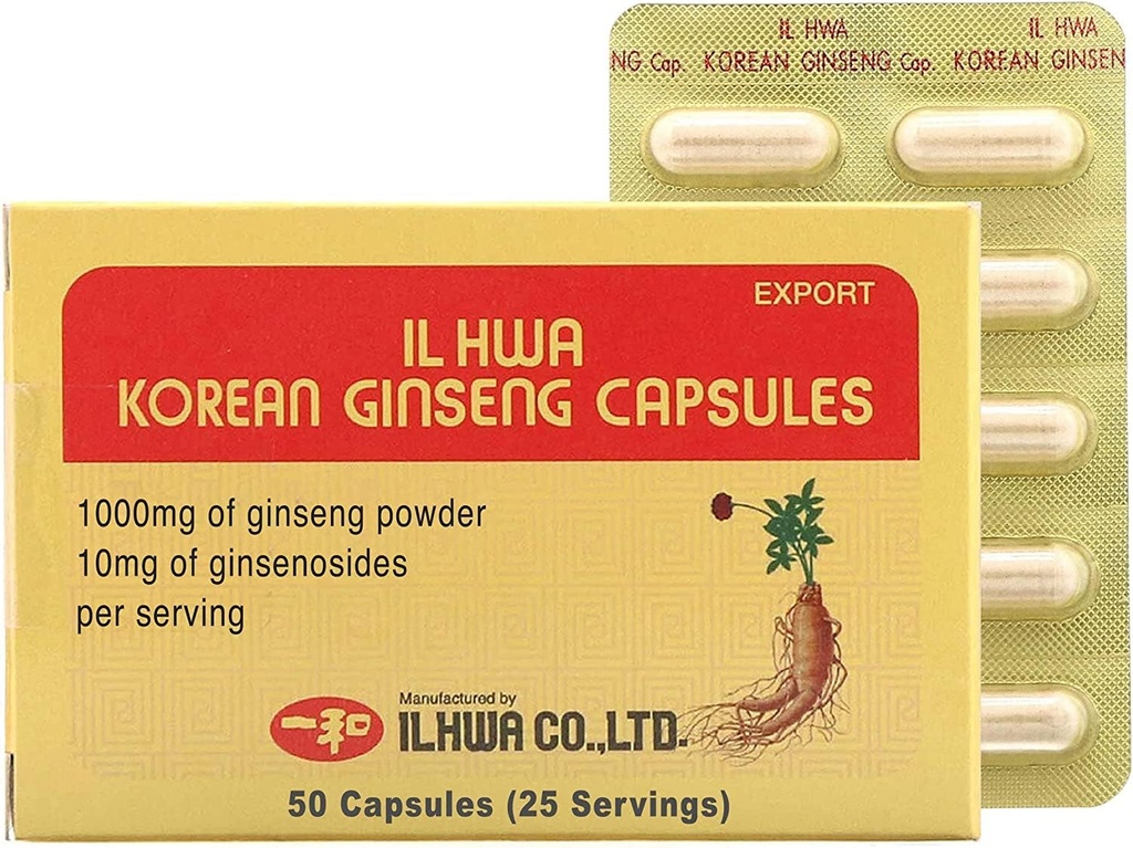 ILHWA韓国のGinsengのカプセル(500のmg*100のカプセル、50のサービング) - 100%の純粋な韓国のPanaxの根の粉の500mg。 ジンセノシド10 mg/サービング.