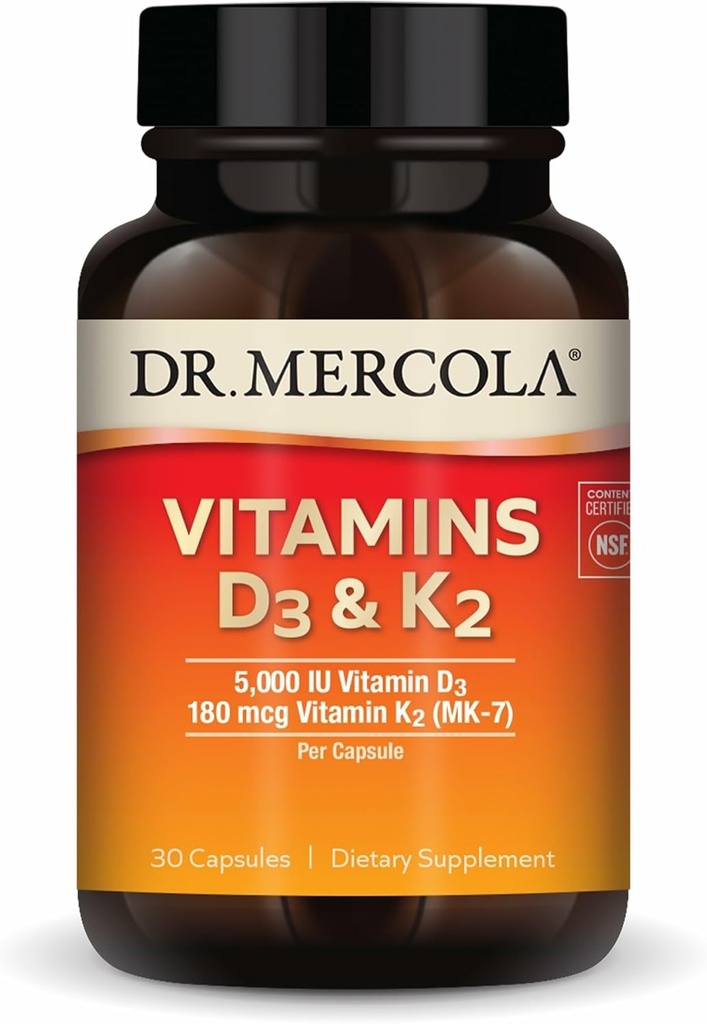 Dr. Mercola Vitamins D3&K2 - 免疫、脳、心血管、呼吸器&骨の健康をサポート - GMOフリー、グルテンフリー&大豆フリー - 30カプセル(30サービング)