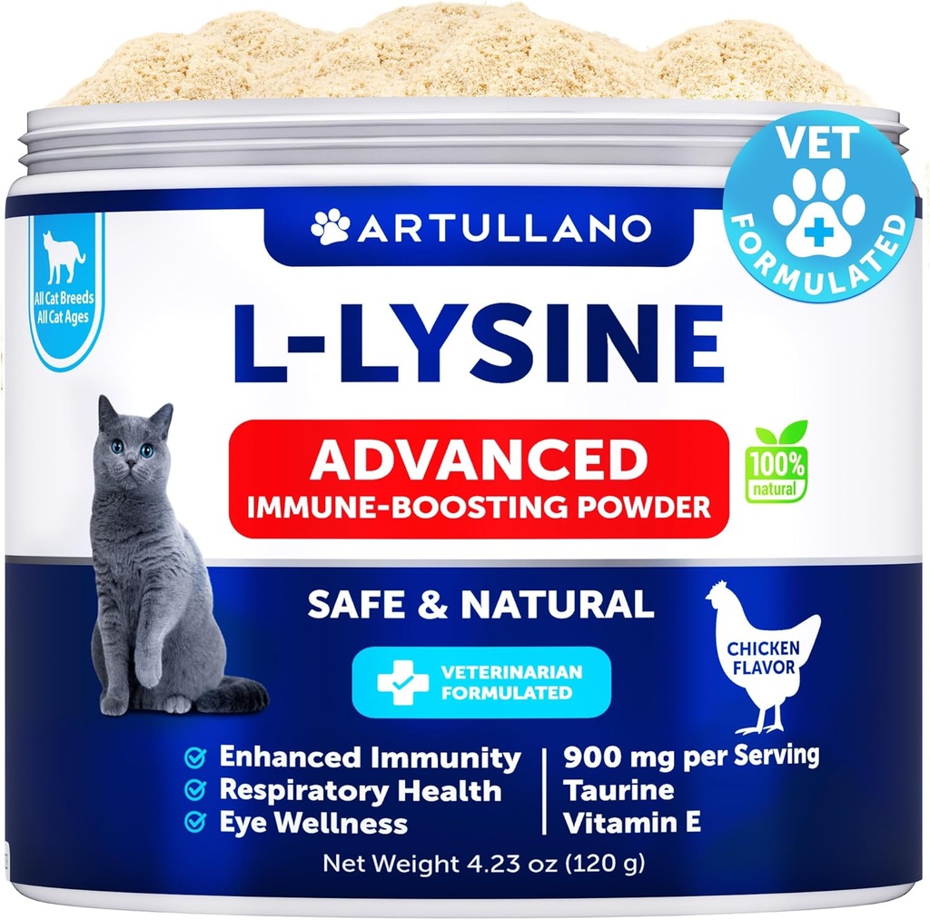 猫のためのL-Lysine - Lysineの粉の補足- 900mg/serving -猫及び子猫のための免疫サポート - くしゃみ、鼻水、スパンコール、水目の目、風邪、目機能、治療の健康 - タウリンと