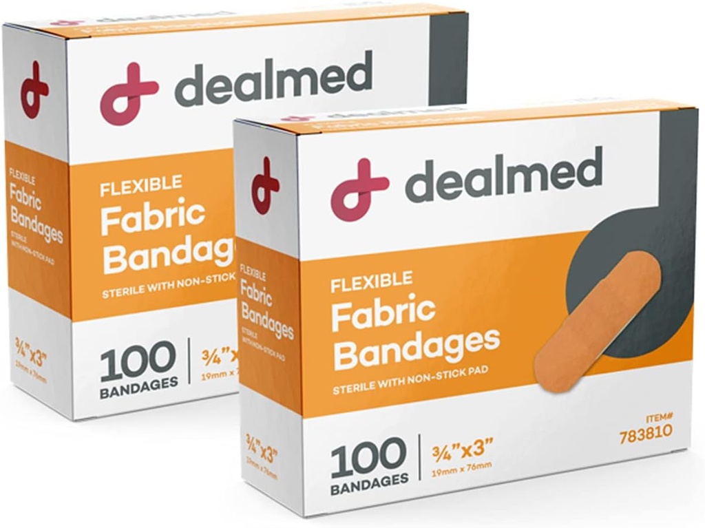 Dealmedの生地の適用範囲が広い付着力の包帯–非Stickパッド、乳液の自由な、ファースト・エイドのキット、3" x 3/4"のための傷の心配との100の計算(2パック)包帯