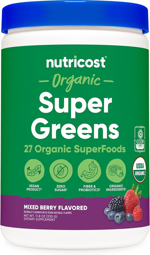 Nutricost Organic Super Greens Powder (30 Servings) Mixed Berry Flavor - Superfood Supplement Drink Mix
