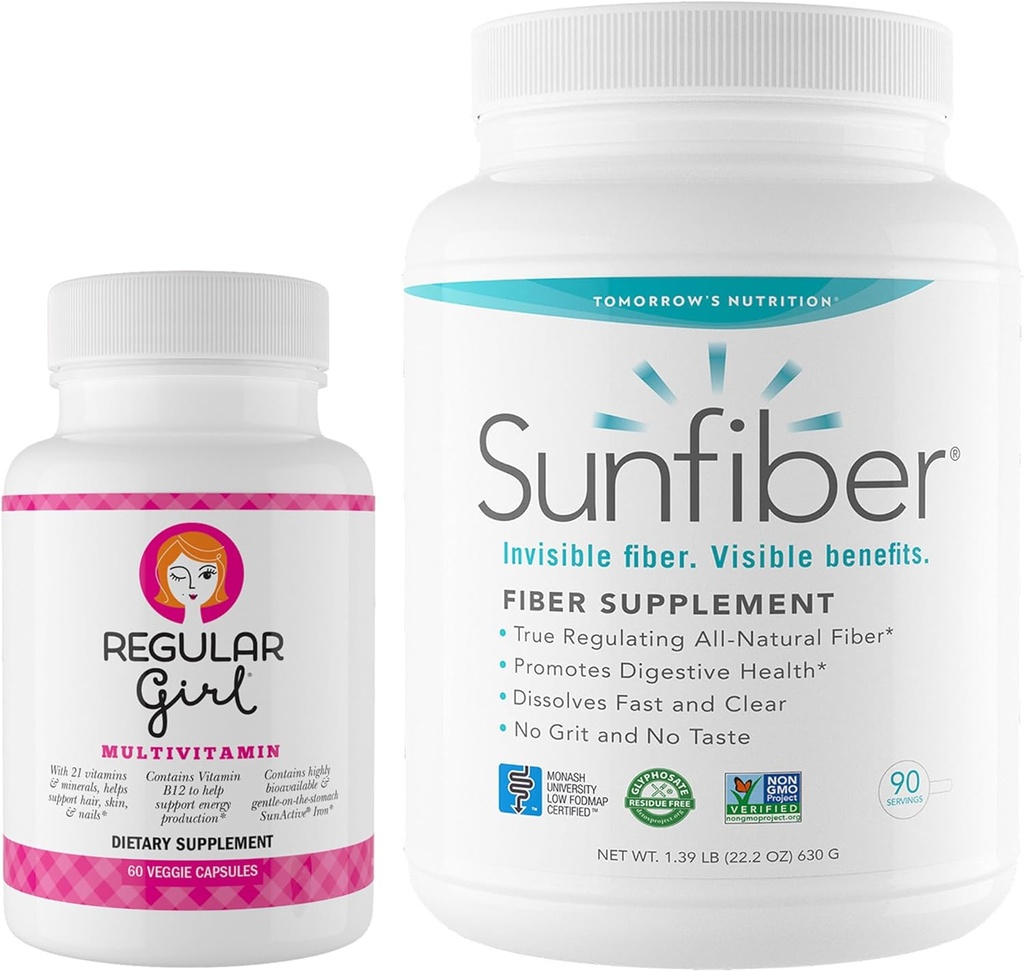 Regular Girl Tomorrow's Nutrition, Women’s Multivitamin (30 Servings) and Sunfiber 90-Day Powder (90 Servings) Bundle, Energy and Low FODMAP Digestive Support