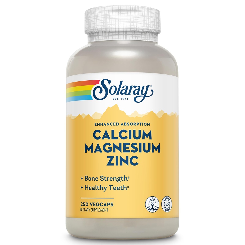 SOLARAYカルシウムマグネシウム亜鉛サプリメント - カルシウム1000mg、マグネシウム500mg - 骨の健康、筋肉機能、心の健康と免疫サポート - ビーガン、60日保証、62給餌、250ベジキャップ