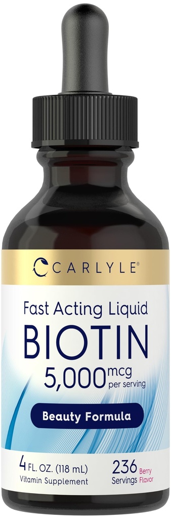 Carlyle Biotin 5000mcg 液滴 | 4 fl oz | レディース・男性向け | ベリーフレーバー | 美フォーミュラ | ベジタリアン・非GMO・グルテンフリー対応サプリメント