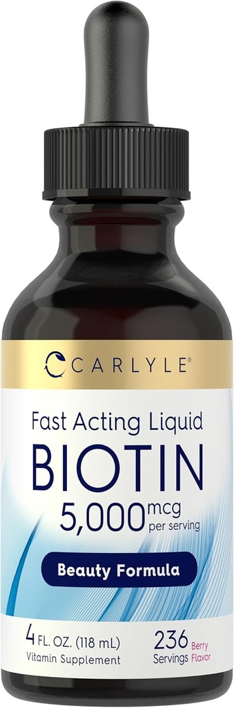 Carlyle Biotin 5000mcg Liquid Drops | 4 fl oz | for Women and Men | Berry Flavor | Beauty Formula | Vegetarian, Non-GMO & Gluten Free Supplement