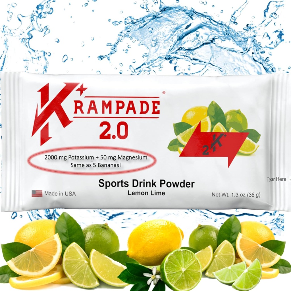 Krampade Potassium Magnesium Supplement Electrolytes Powder - 50 mg Mag + 2000 mg K, >2X More Than Coconut Water | Cramp Relief | Hydration Packets