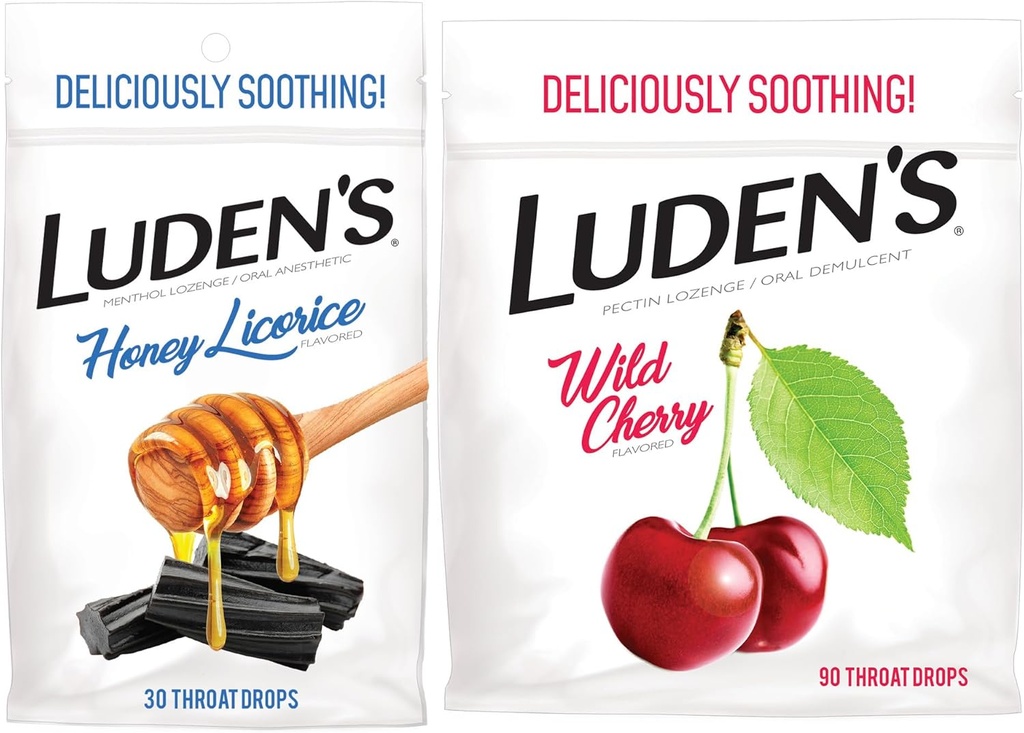 Ludens Throat Drops、Sore Throat救済、ワイルドチェリーフレーバー、90カウント&ハニーリコライスフレーバー、30カウント