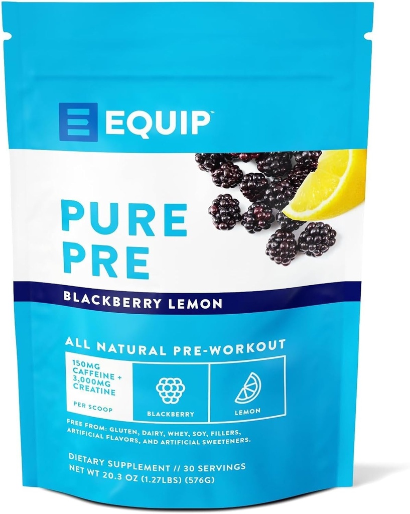 Equip Foods ピュアプレオールナチュラルプレワークアウトパウダー | グリーンティーカフェイン、シーソルト、EAA、ビタミンC、B6、B12、L-カルニチン、アグニン | 自然にボオスワークアウト | 30 サービング、ブラックベリーレモンカフェイン