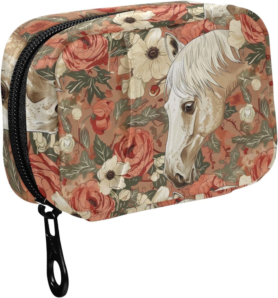Fustylead ヴィンテージ美しい白馬と花の丸薬オーガナイザー 財布、週刊ポータブルピル ボックス ビタミンを貯蔵する 魚油 薬 サプリメント