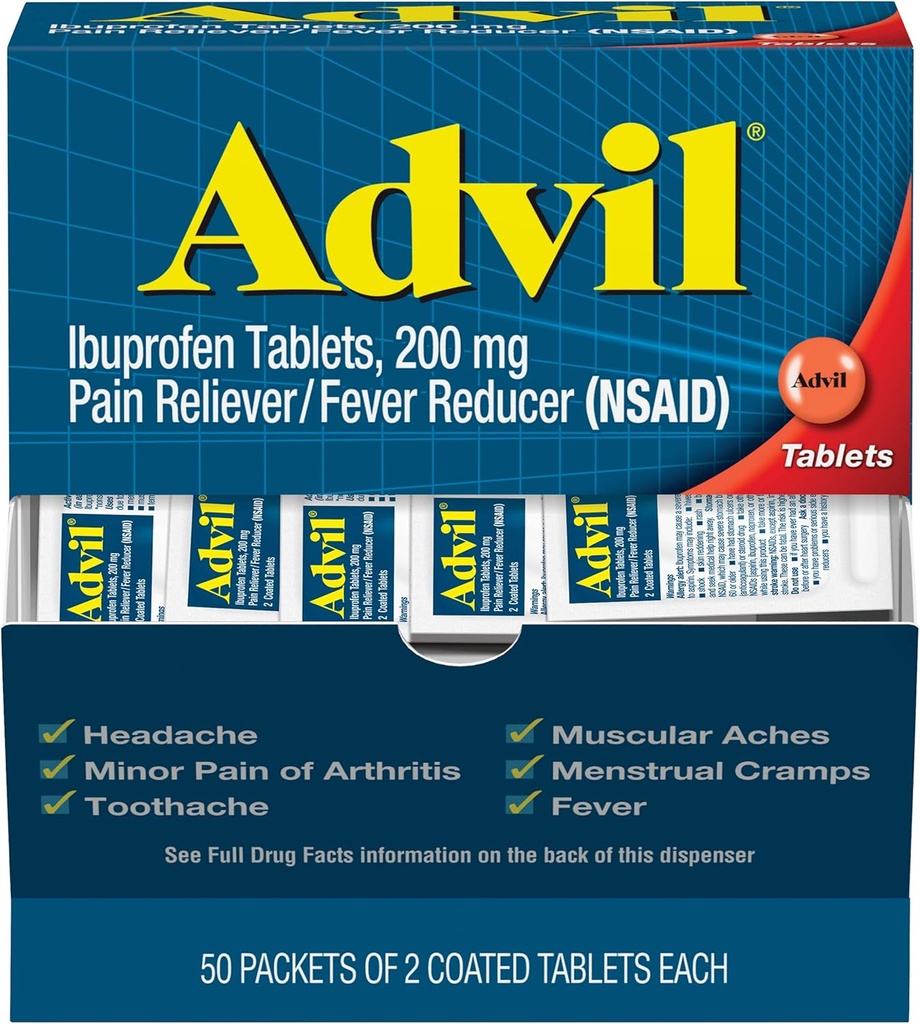 Advil Ibuprofen, 200mg, 50 Packets of 2 Coated Tablets (Pack of 5)