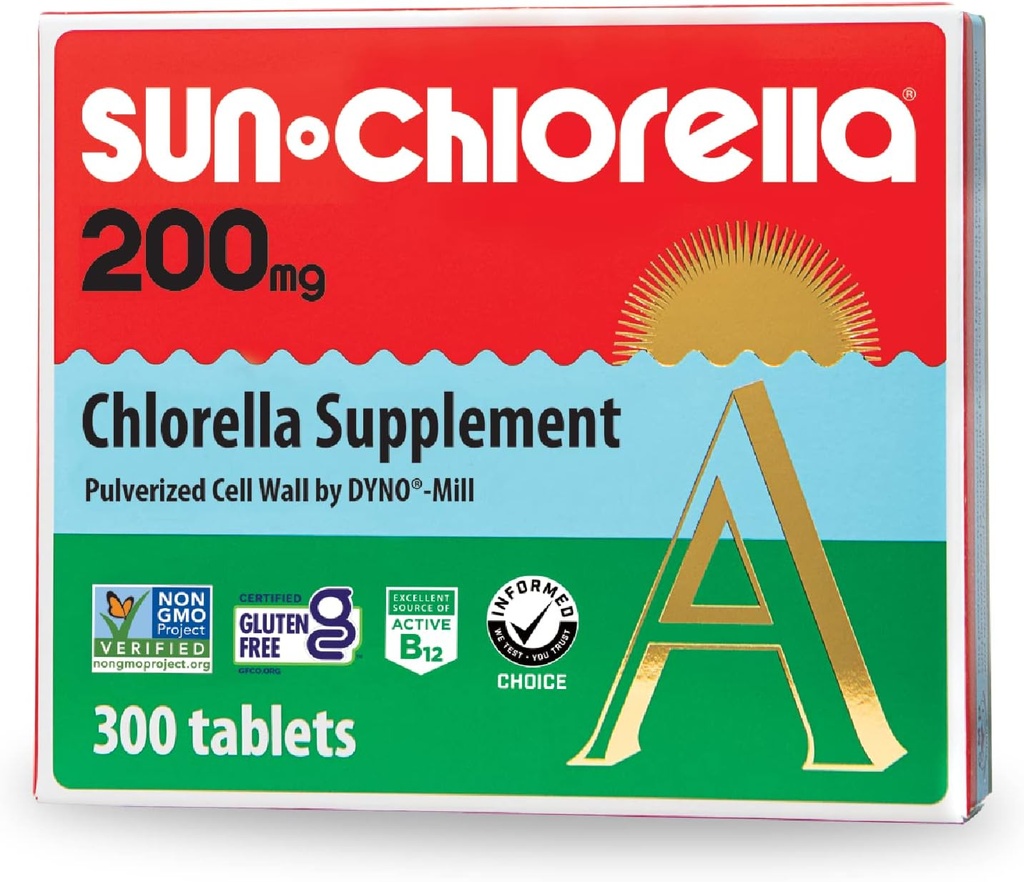Sun Chlorella 200 mg グリーン Algae スーパーフード サプリメント - Pulverized Cell Wall - Chlorophyll、CGF、アクティブ B12、鉄、タンパク質 - Non-GMO - 300 タブレット