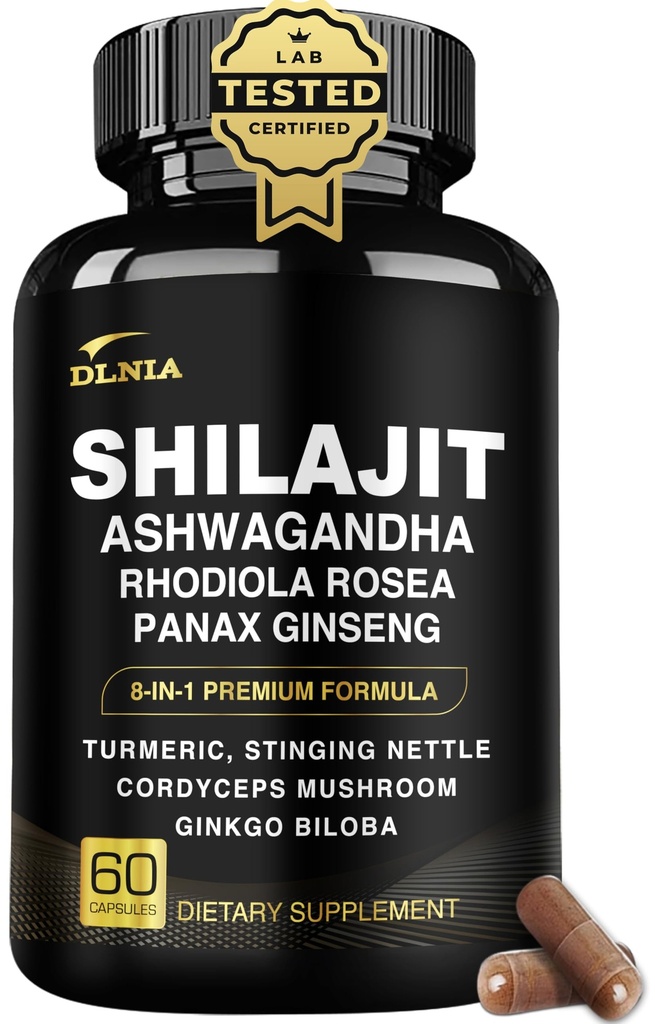 8-in-1 シラジット男性と女性のためのアシュワガンダヒマラヤンオーガニックサプリメントとRhodiola rosea、Ginseng、ターメリック、キノコ、免疫サポート、エネルギー、カルム、フォーカス、クラリティ、睡眠、コルチゾール