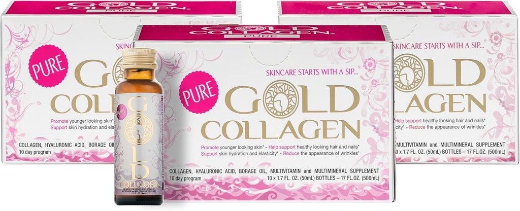 GOLD COLLAGEN Pure - Collagen Supplements for Women &amp; Men with Biotin for Hair Growth, Skin and Nail - Anti Wrinkle Immune System Booster with Hyaluronic Acid, Vitamin C, B6 and Zinc, 3 Pack 10x50 ml