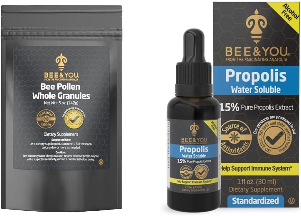 BEE and You Bundle, Bee Pollen Granules, 5oz Bag, with 100% Natural Propolis Extract Drops, Ultra Pure, Immune Support Supplement, Superfood, Antipxidants, Vitamins,